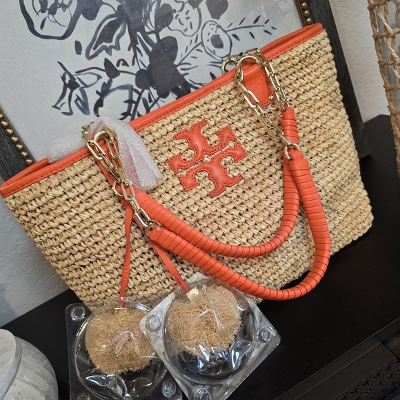 Tory Burch Shoulder Straw Gold Chain Orange and Tan Woven Tote - Picture 2 of 10